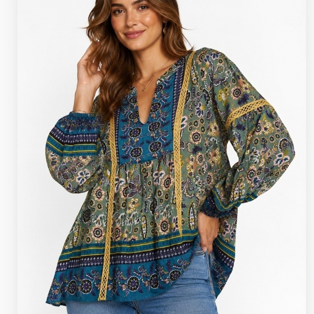 Sundance Womens Green Floral Paisley Boho Peasant Blouse Bell Sleeve Medium